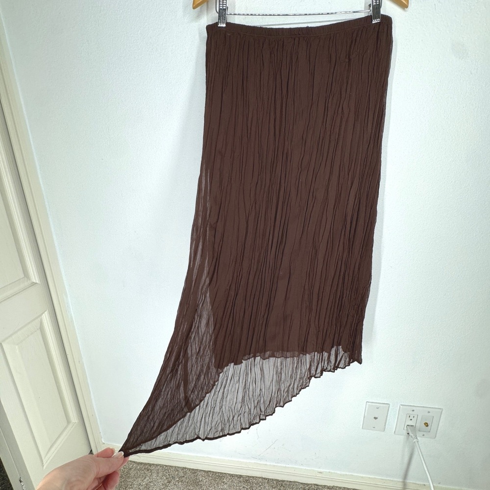 Vintage Broomstick Brown Crinkle Pleated Maxi Skirt Elastic Waist Size L Pull On